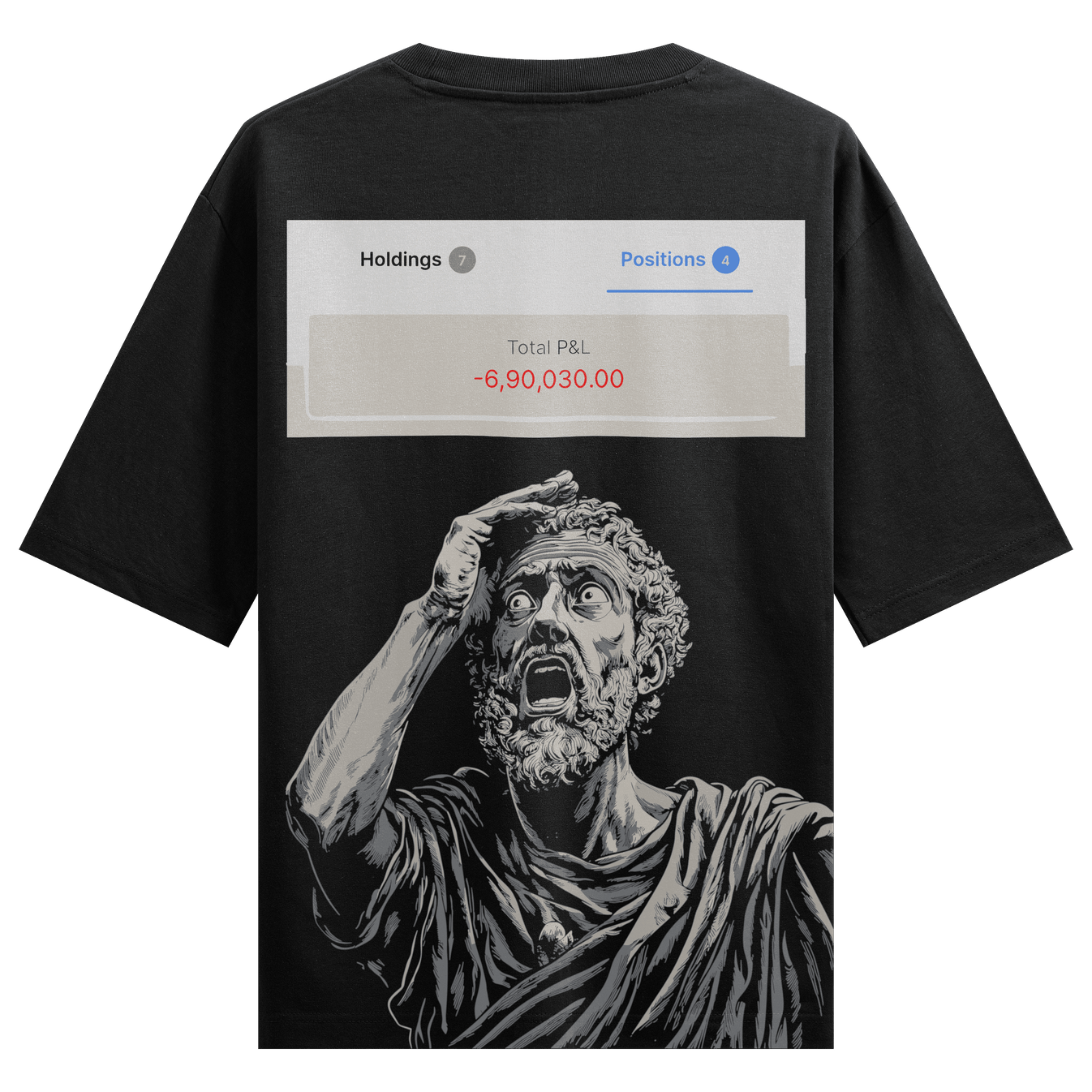 Holdings 7 Positions 4 Total P&L 6 90 030 00 artwork on PRDGY oversized t-shirt