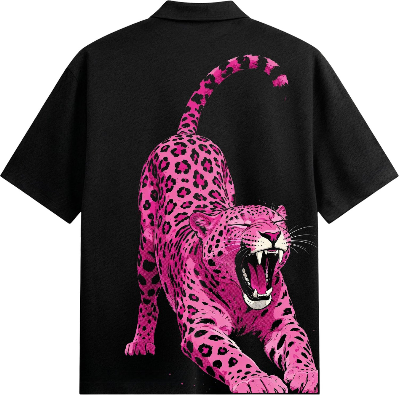 A striking pink leopard with black spots stretches and yawns widely revealing sharp teeth against a solid black background...