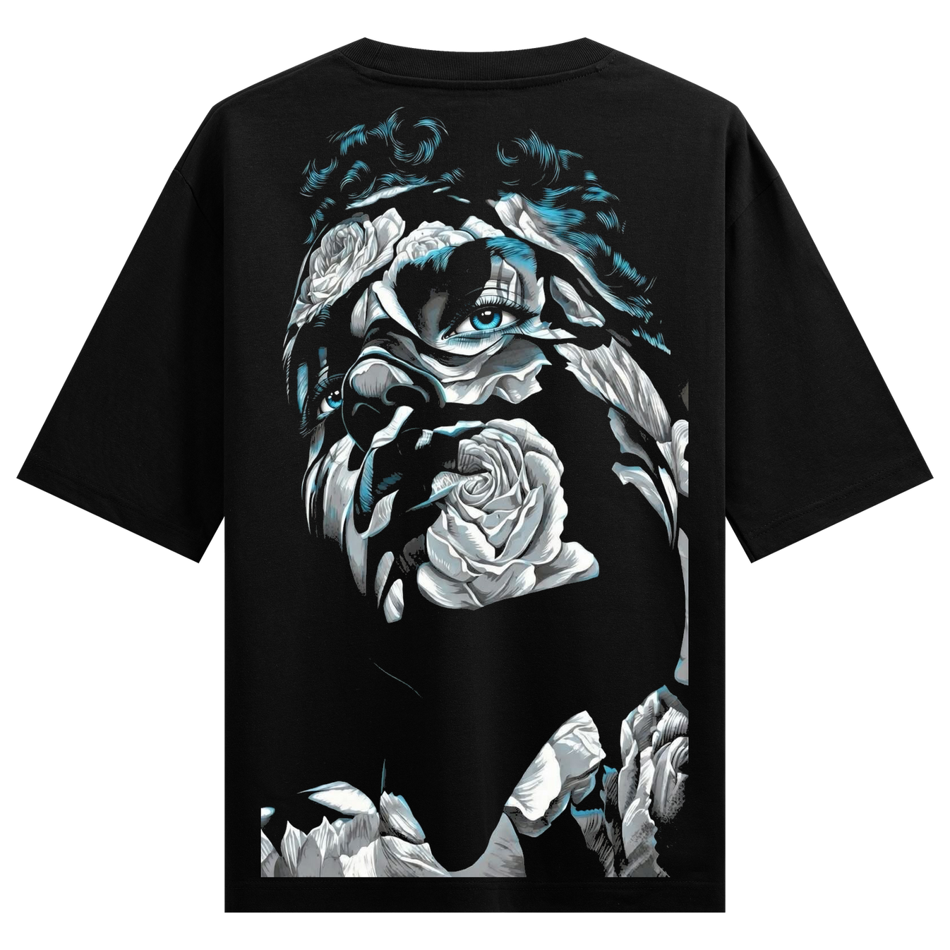 Blue Eyes Hypnotise Oversized T-Shirt by PRDGY — monochromatic portrait with floral accents, artistic design