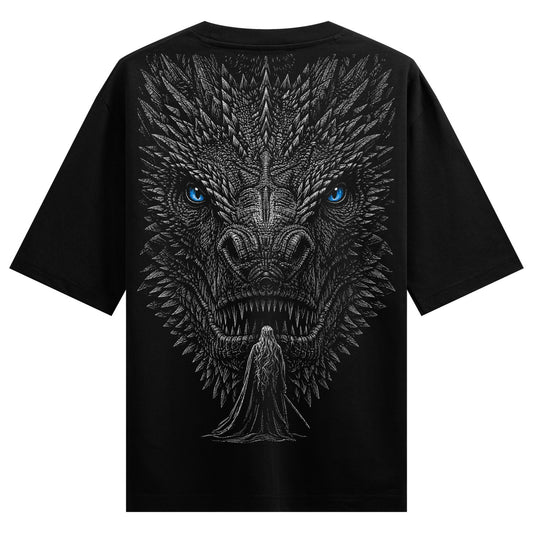 Dragon's Gaze T-Shirt by PRDGY — intricate grayscale dragon design, dark art