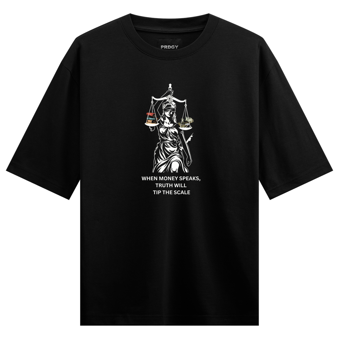 Blind Balance Oversized T-Shirt by PRDGY — Satirical Lady Justice graphic, social commentary design