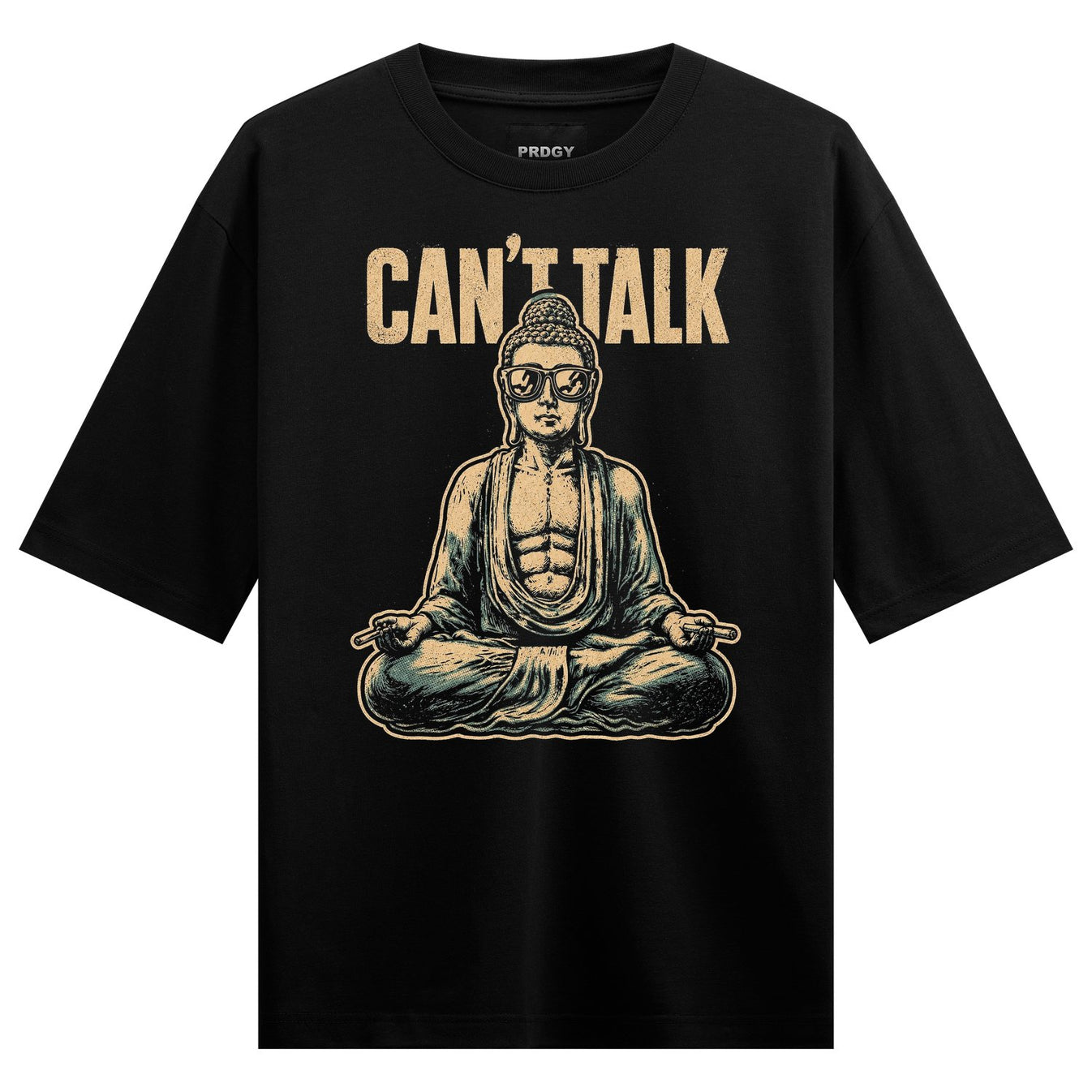 A black t-shirt features a tan illustration of a meditating Buddha wearing sunglasses with the text CAN T TALK above on PR...