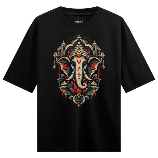 A detailed graphic of Lord Ganesha s head with the Om symbol prominently displayed surrounded by ornate patterns and lotus...