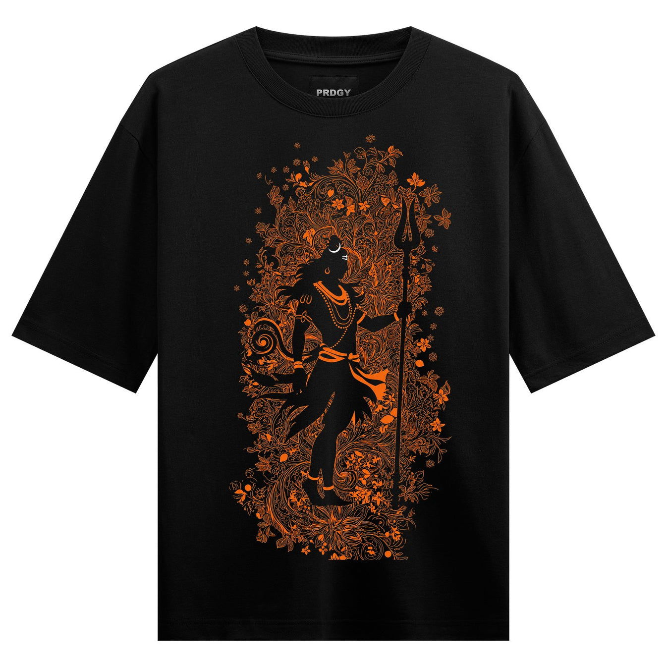 A black t-shirt features an orange silhouette of Lord Shiva adorned with intricate floral patterns and holding a trident o...