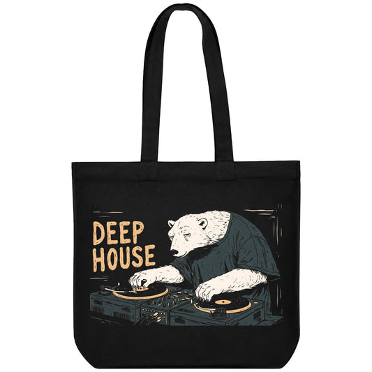 A black t-shirt features a graphic of a polar bear wearing a dark green t-shirt DJing on two turntables with yellow record...