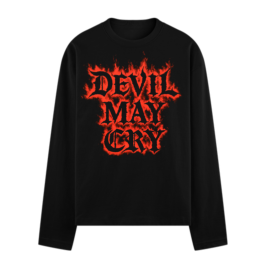 The text DEVIL MAY CRY is displayed in a bold red gothic font with a flame effect on a black long-sleeve t-shirt on PRDGY...