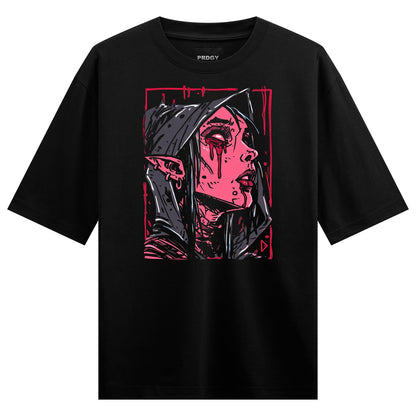 A ghostly face with pink skin tear hood and blood drips framed in red on black fabric on PRDGY oversized t-shirt