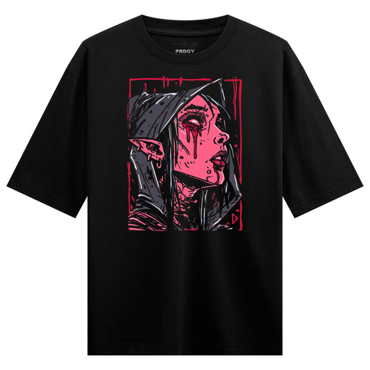 A ghostly face with pink skin tear hood and blood drips framed in red on black fabric on PRDGY oversized t-shirt