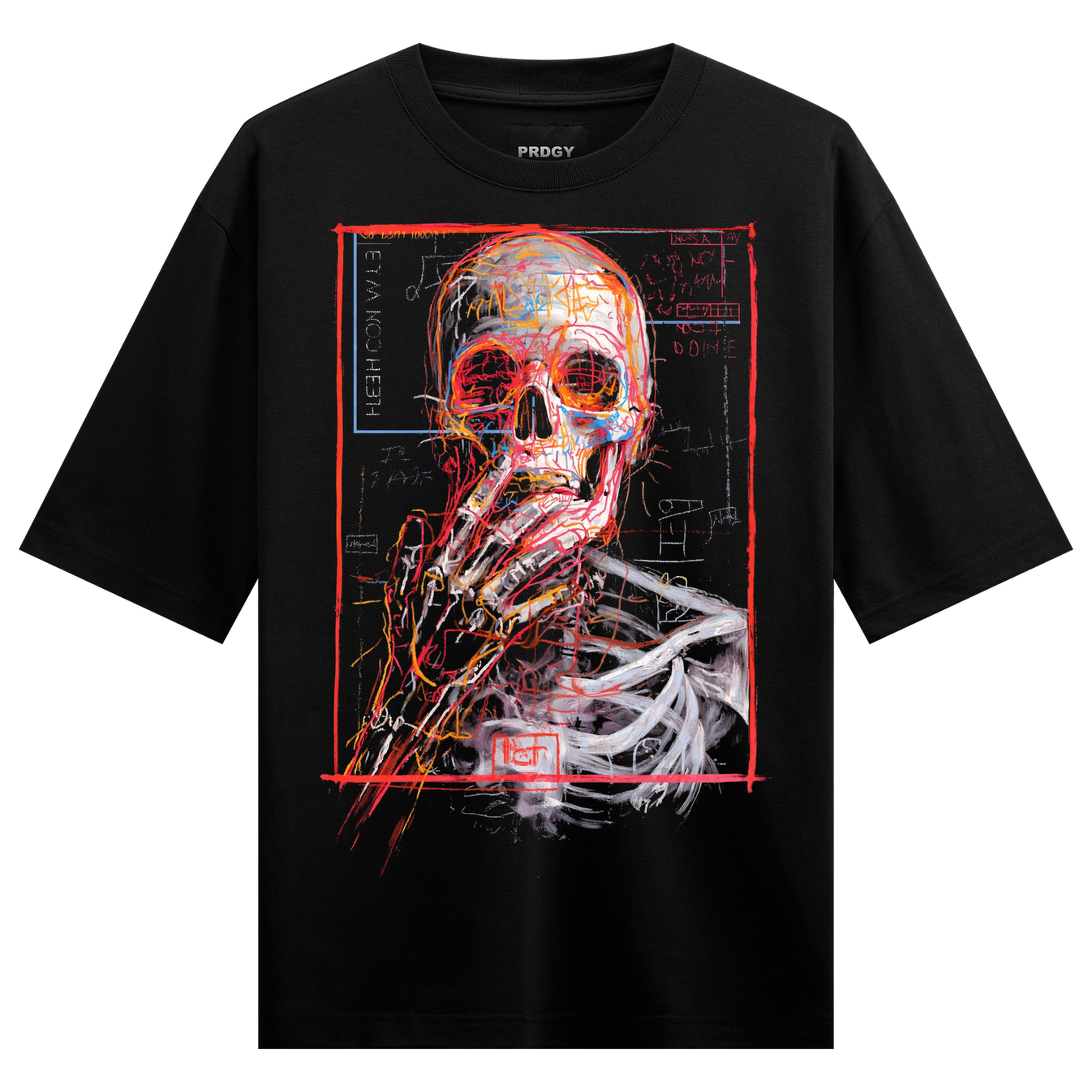 Skeleton Blueprint Oversized T-Shirt by PRDGY — edgy skeleton anatomy graphic with neon red accents, gothic design