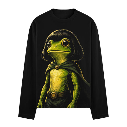 A green frog character with large eyes wearing a dark cape fastened with a gold buckle and a belt with a gold buckle again...