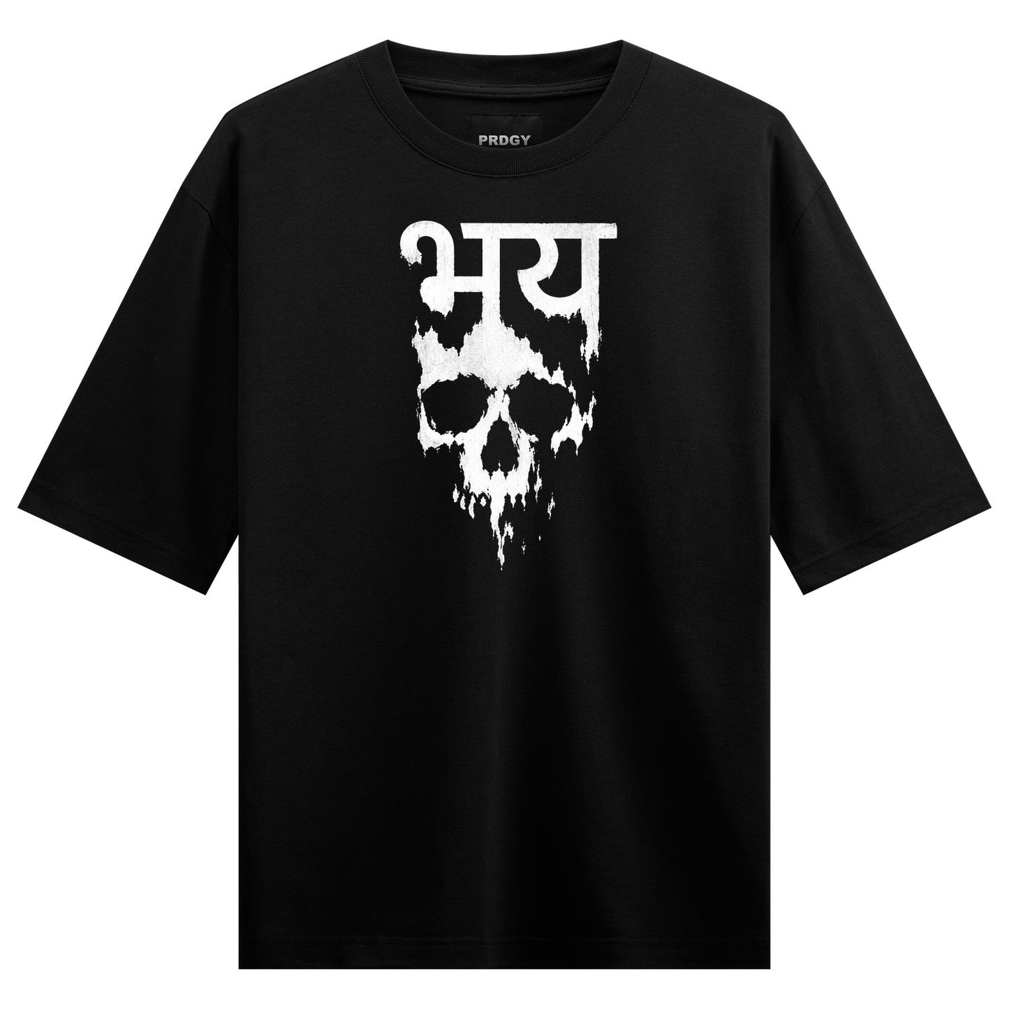 Bhay Skull Oversized T-Shirt by PRDGY — distressed white skull graphic, dark art design