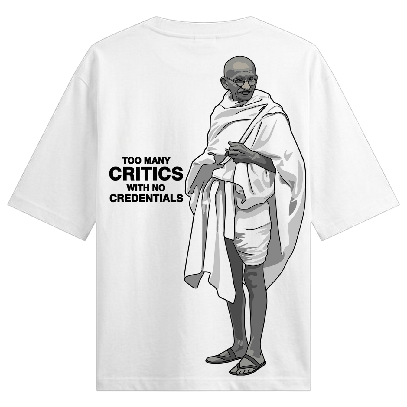 Critics Credentials Oversized T-Shirt by PRDGY — black and white illustration of Gandhi with bold typography, fashion