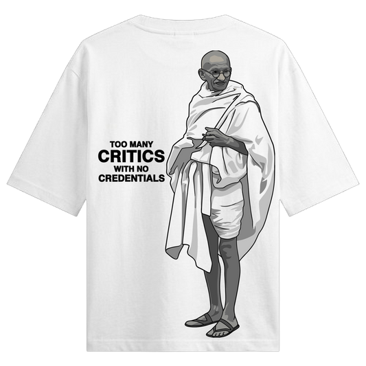 Critics Credentials Oversized T-Shirt by PRDGY — black and white illustration of Gandhi with bold typography, fashion