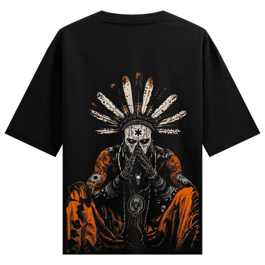Tribal Mystic T-Shirt by PRDGY — a seated skull design with tribal elements, dark art design.
