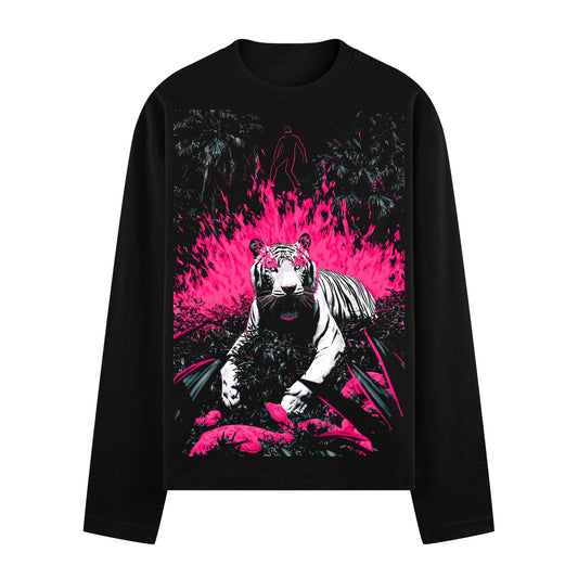 Pink Sherni Oversized T-Shirt by PRDGY — white tiger crouched in dark foliage with pink flames, streetwear design