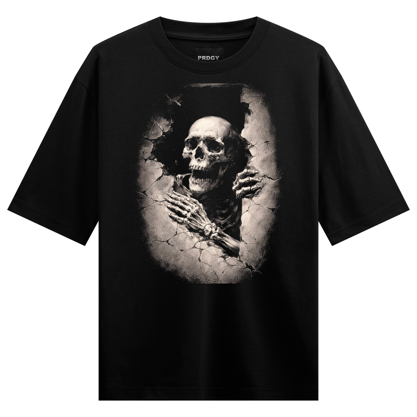 Memento Mortality Oversized T-Shirt by PRDGY — dark gothic skull graphic featuring haunting skeleton imagery, skull design