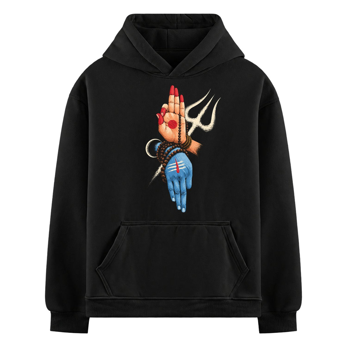 Trident Hands Oversized Hoodie — a graphic of a hand with red nails holding a trident and beads above a blue hand