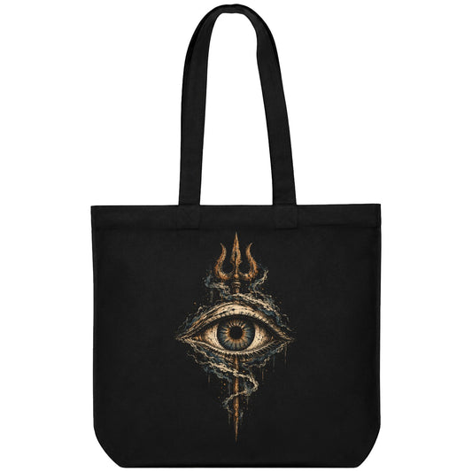 Third Eye Trinity Tote Bag — a large third eye graphic with a trident above and a coiled snake below, dripping gold