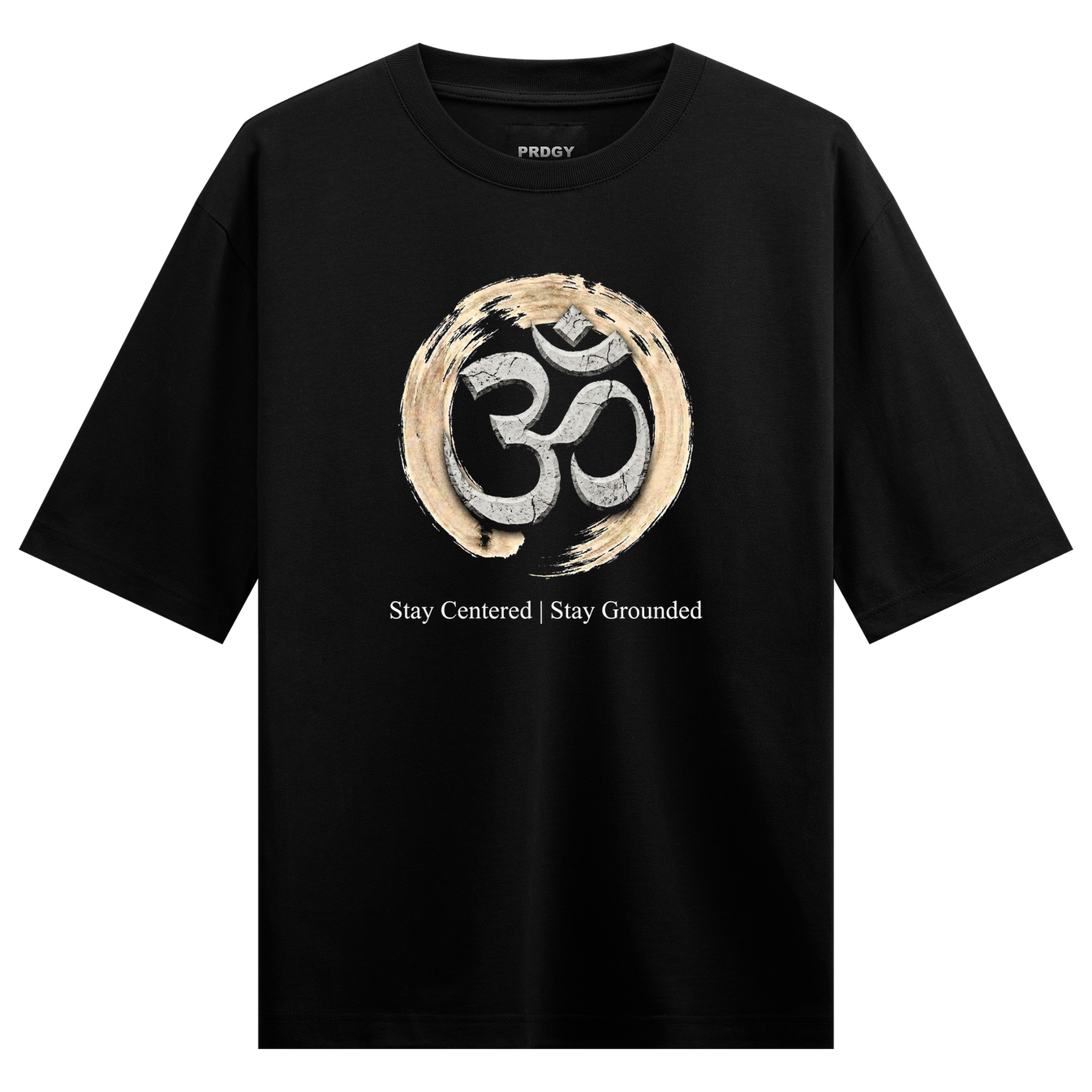Center Within Oversized T-Shirt by PRDGY — Spiritual Om symbol with grounding mantra, spiritual design.