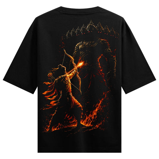A warrior aims a fiery arrow at a towering ten-headed figure amidst swirling flames and dark shadows on PRDGY oversized t...