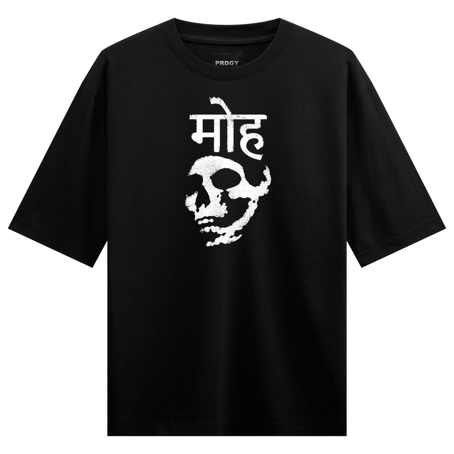 Moh Skull Oversized T-Shirt by PRDGY — distressed white skull graphic with Hindi text, dark art design