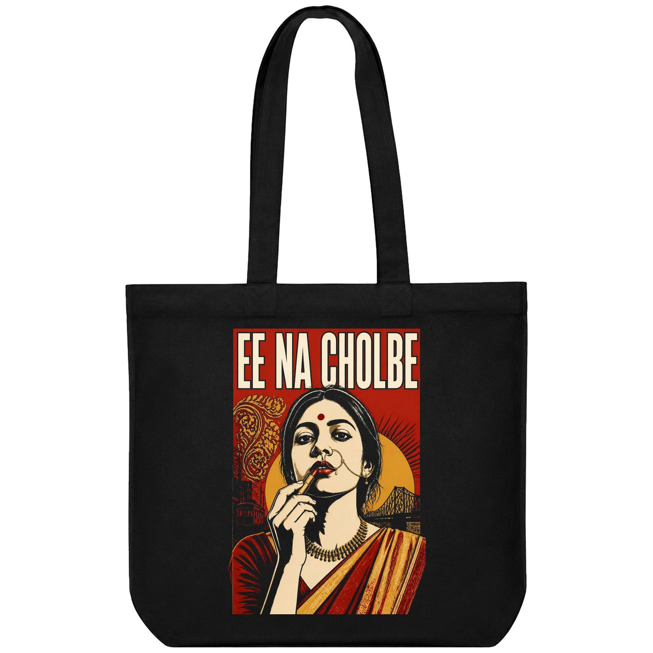 Bold Bengali Oversized T-Shirt by PRDGY — striking portrait of a woman with a red bindi and gold necklace applying lipstick