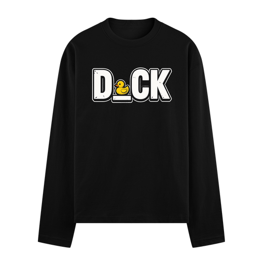 A black t-shirt featuring bold white letters spelling D CK with a yellow duck graphic on PRDGY oversized t-shirt