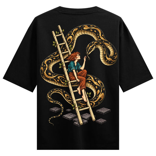 Serpent's Ascent Oversized T-Shirt — a detailed illustration of a woman on a wooden ladder being coiled by a large