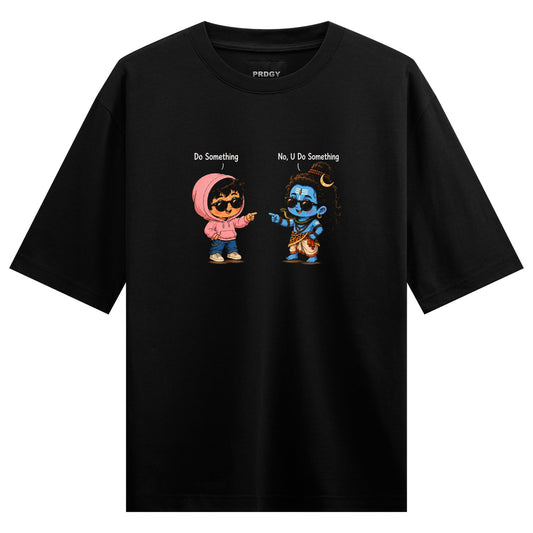 A black t-shirt features two cartoon characters one in a pink hoodie and the other with blue skin and traditional attire p...