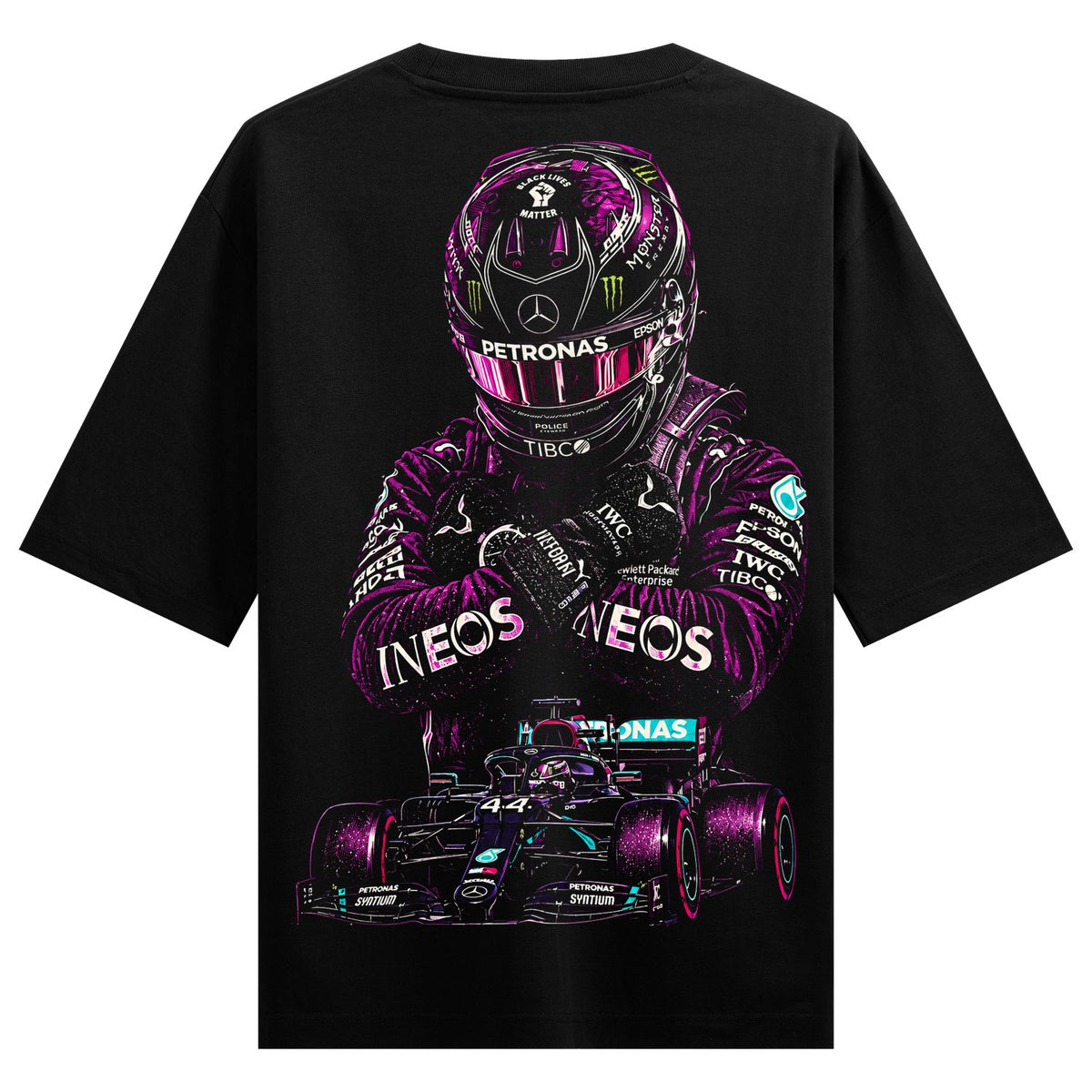 Purple Race King Oversized T-Shirt — a race driver in purple gear with flames and sponsor logos above a race car
