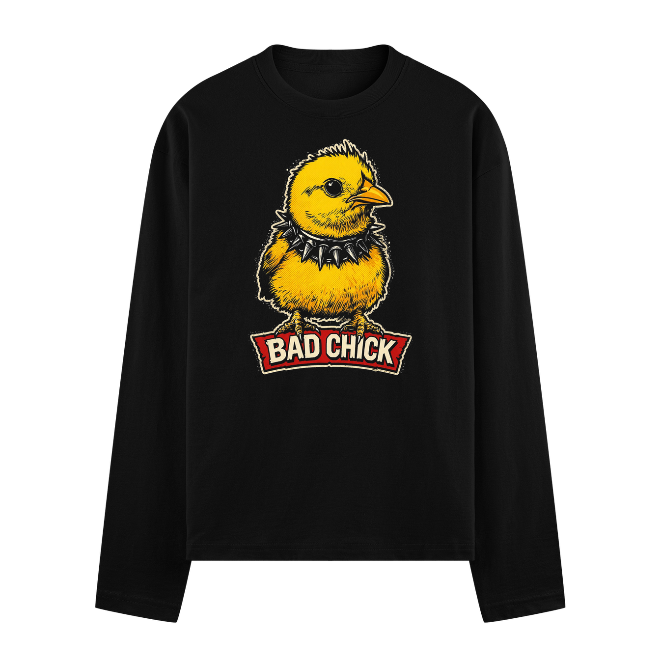 A yellow chick with a spiked collar stands on a red banner that reads BAD CHICK on a black t-shirt on PRDGY oversized t-shirt