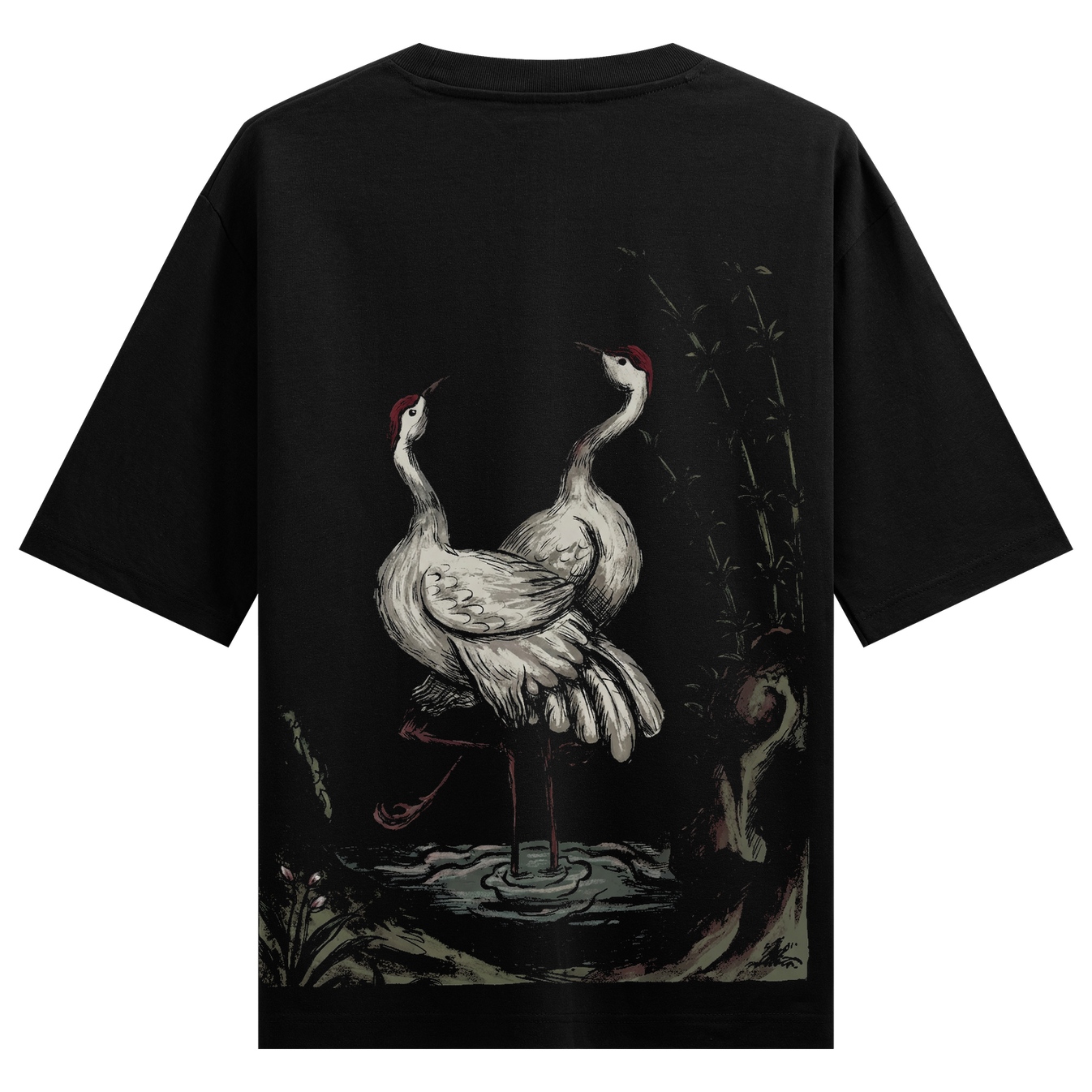 Bonded By Blood Oversized T-Shirt by PRDGY — illustration of two cranes by a waterside, nature design