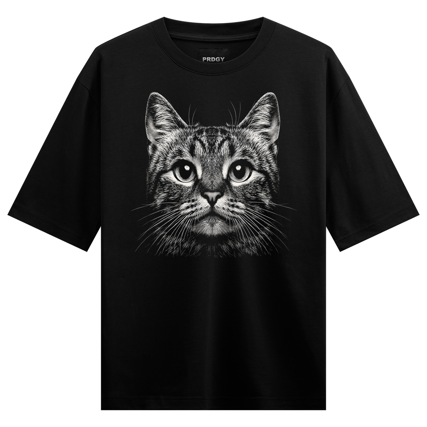 Suspawcious T-Shirt by PRDGY — detailed black and white portrait of a tabby cat's face, animal print design