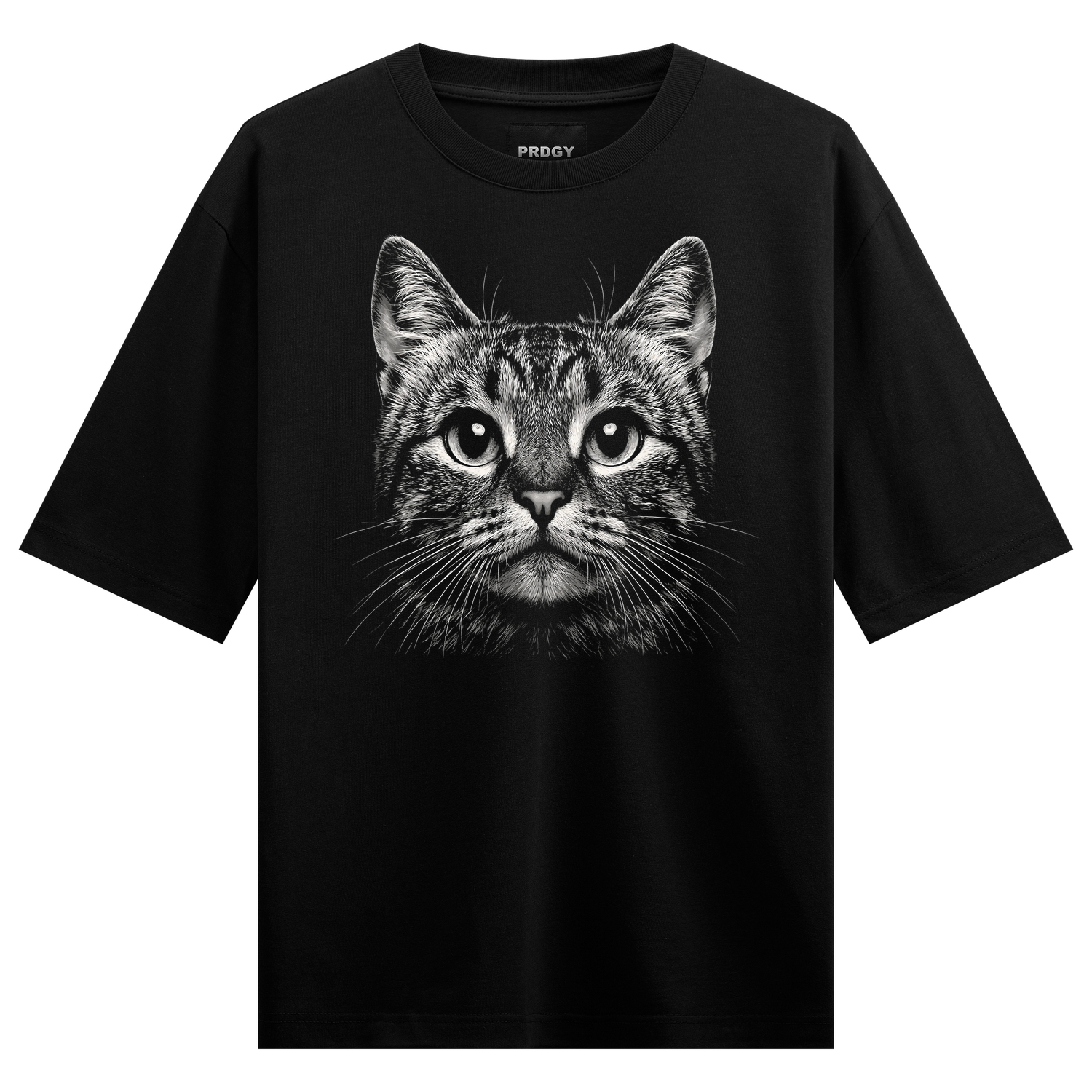 Suspawcious T-Shirt by PRDGY — detailed black and white portrait of a tabby cat's face, animal print design