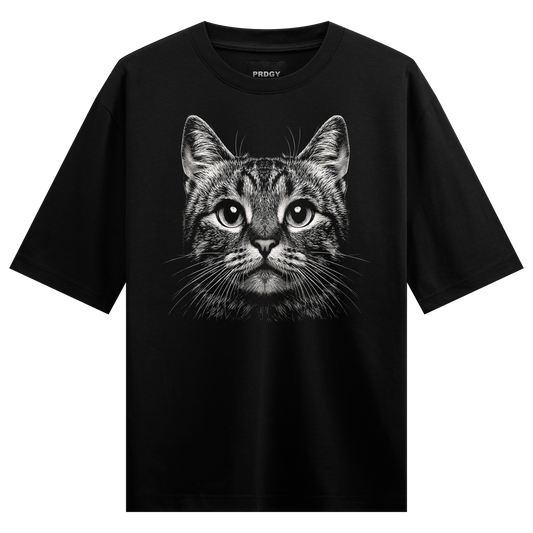 Suspawcious T-Shirt by PRDGY — detailed black and white portrait of a tabby cat's face, animal print design