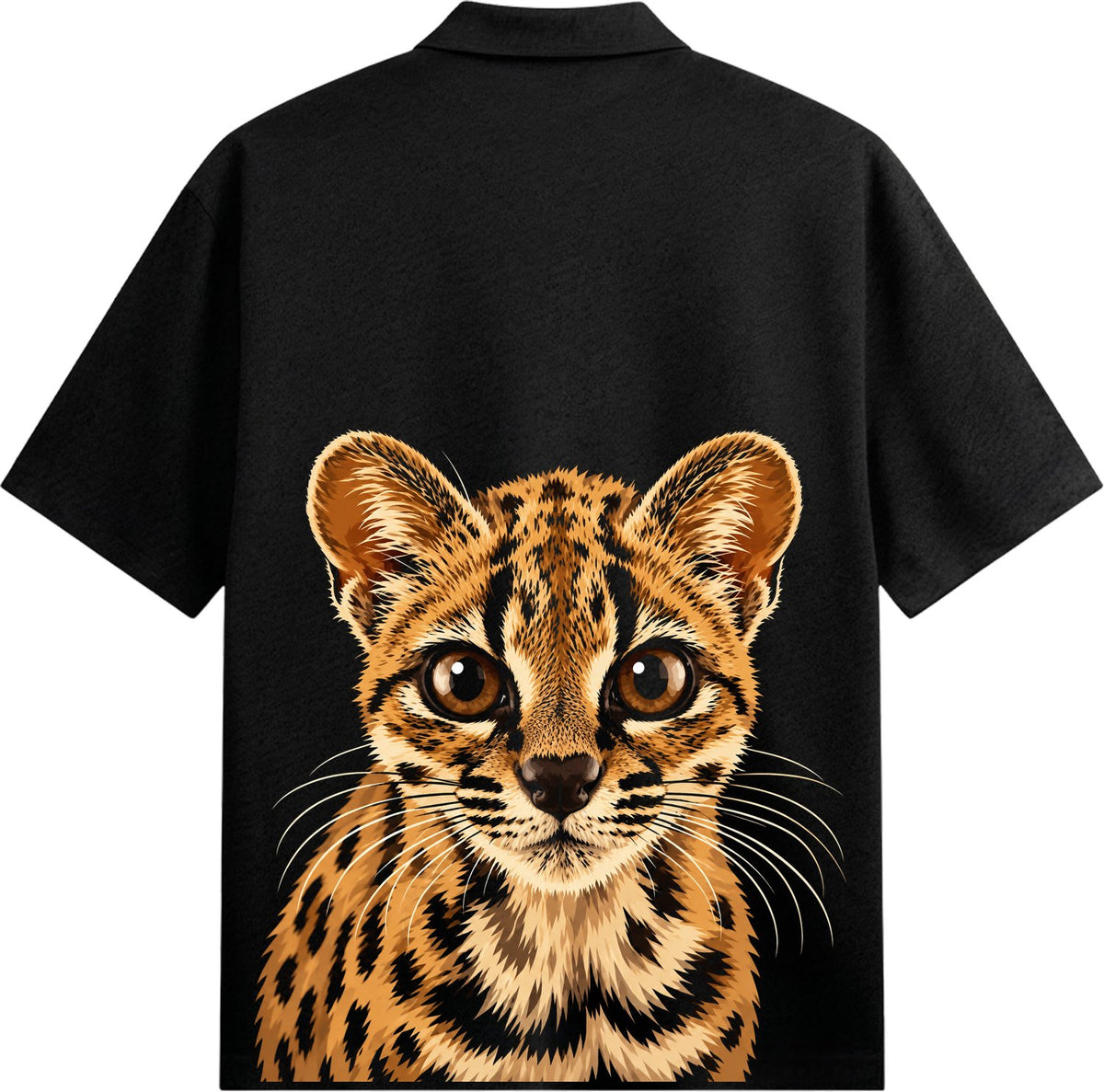 Tilcayo the Cat Oversized Collared Shirt — a realistic ocelot face with big eyes, spotted brown fur, and white whiskers