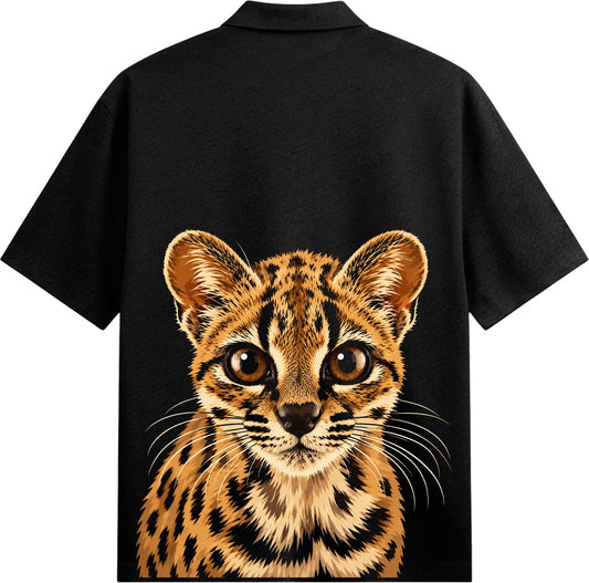 Tilcayo the Cat Oversized Collared Shirt — a realistic ocelot face with big eyes, spotted brown fur, and white whiskers