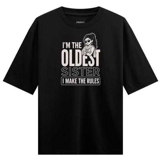 Badi di Rules Oversized T-Shirt by PRDGY — bold white text with a woman in sunglasses, hindi text design