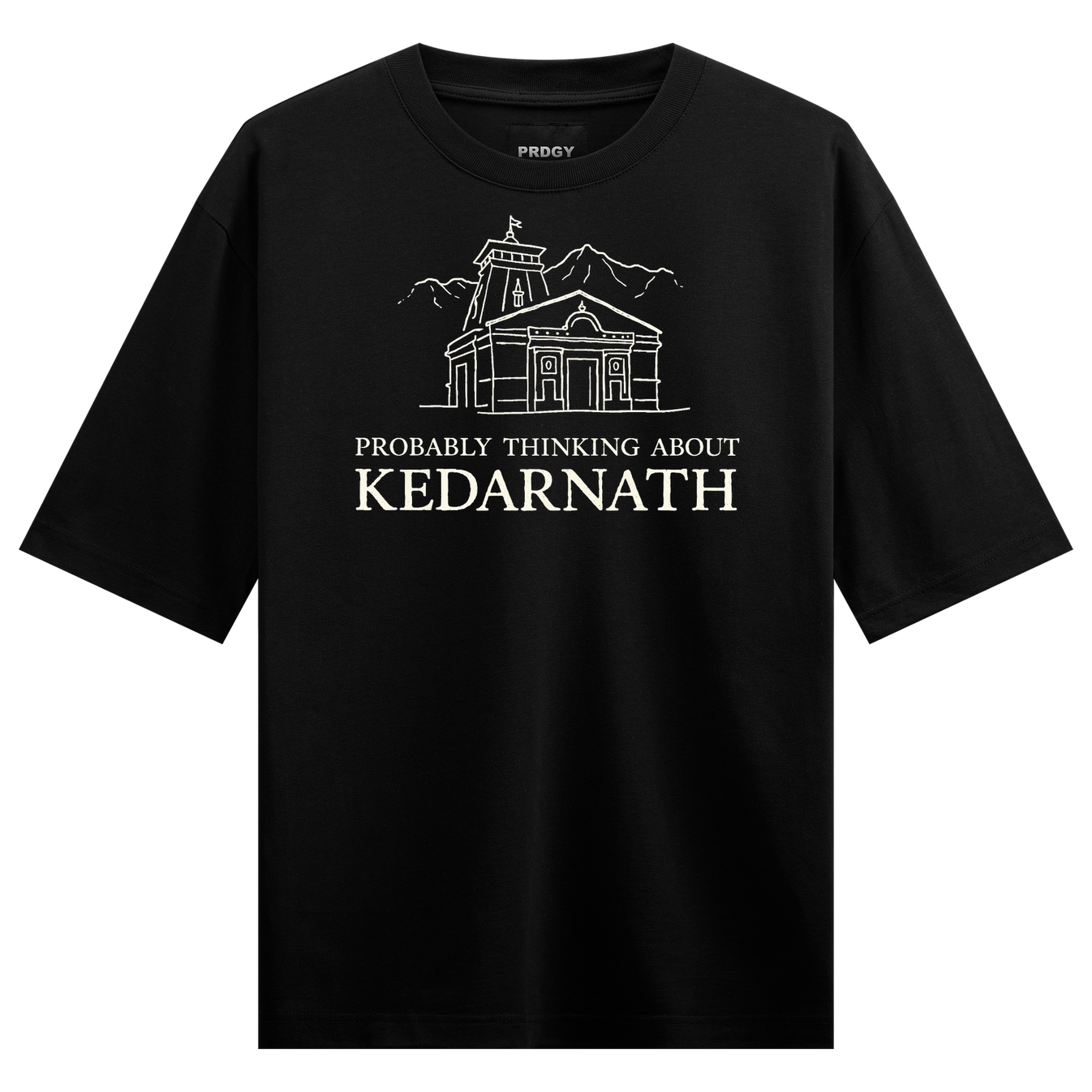 Kedarnath Contemplation Oversized T-Shirt by PRDGY — line art illustration of Kedarnath temple with mountains, spiritual