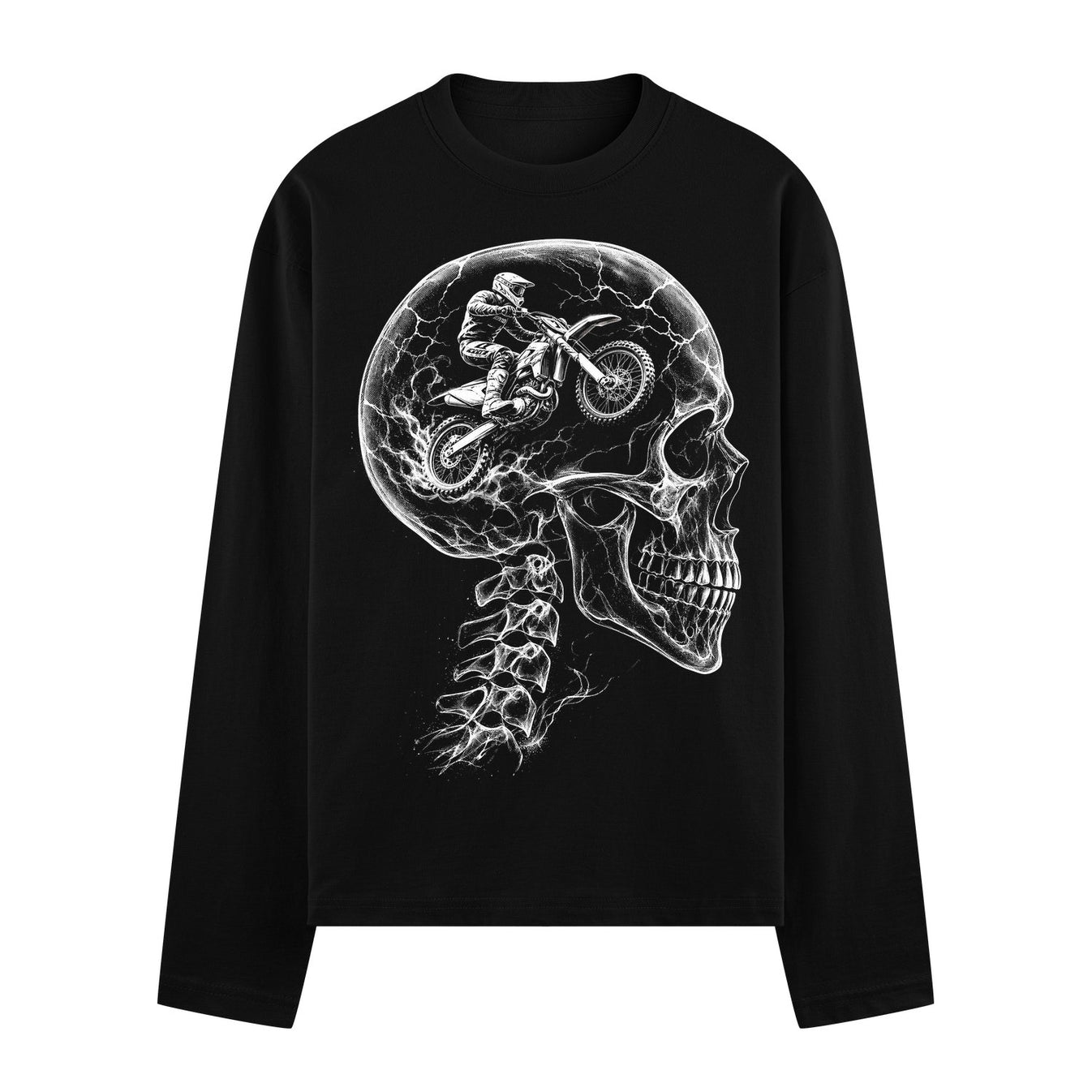 A white linework illustration of a skull with a motocross rider inside connected to a spine set against a black background...
