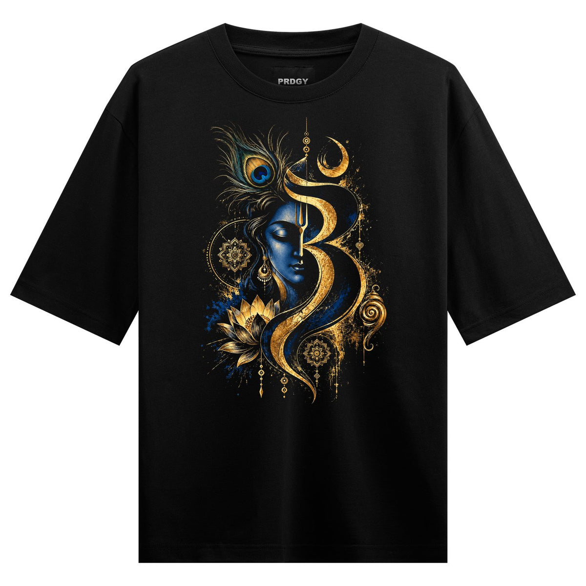 A black t-shirt features a central design of a serene blue face with a gold Om symbol peacock feathers and lotus flowers a...