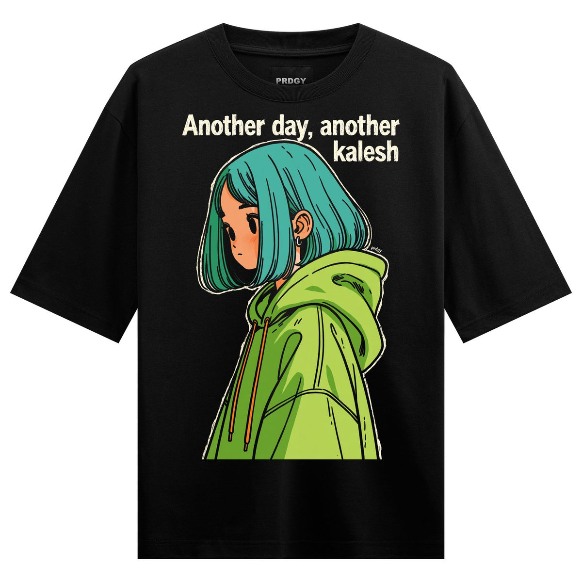 Kalesh Day Oversized T-Shirt — a cartoon girl with teal bob hair and green hoodie with orange drawstrings with white text