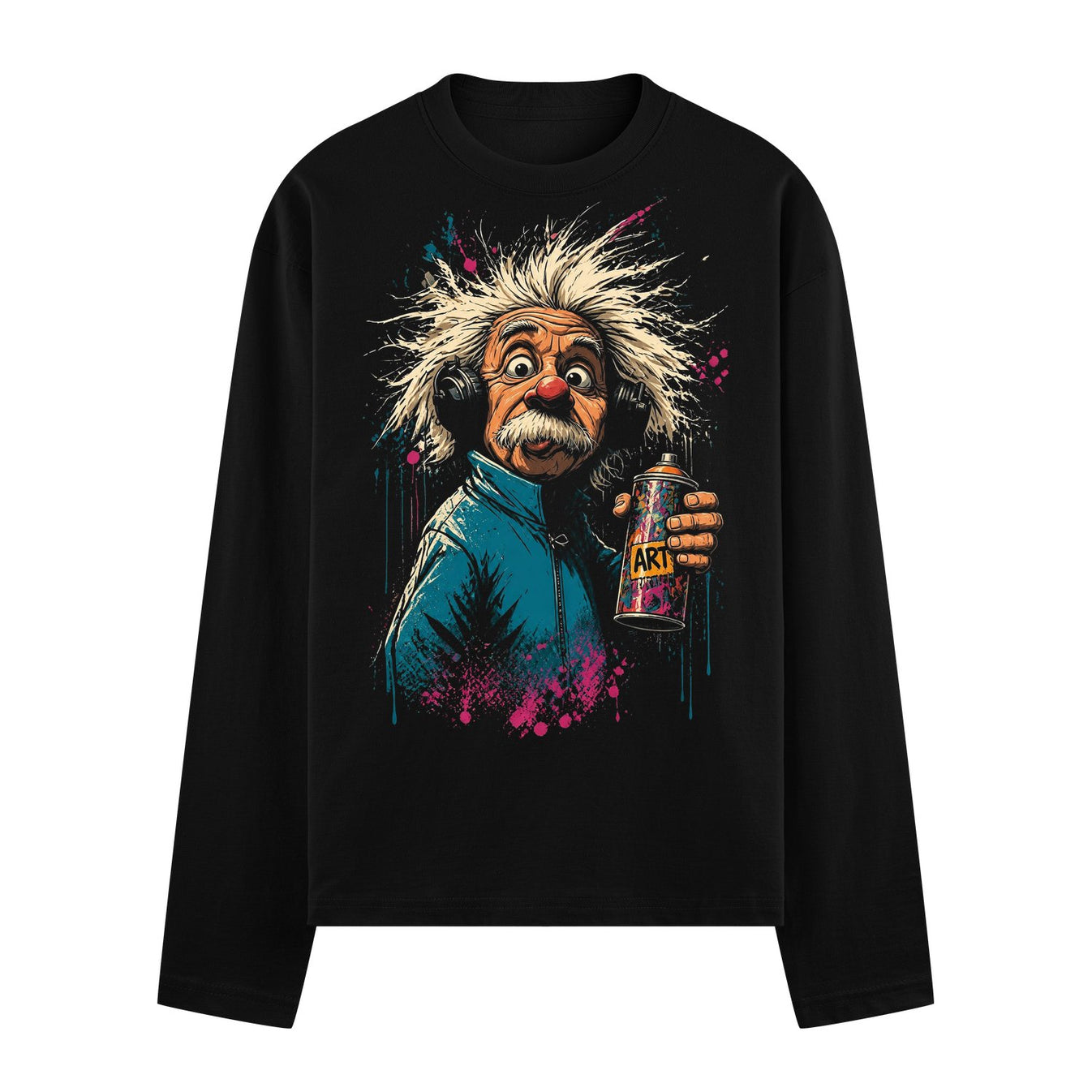 A cartoon Albert Einstein with disheveled white hair headphones and a red nose holds a spray can with ART visible against...