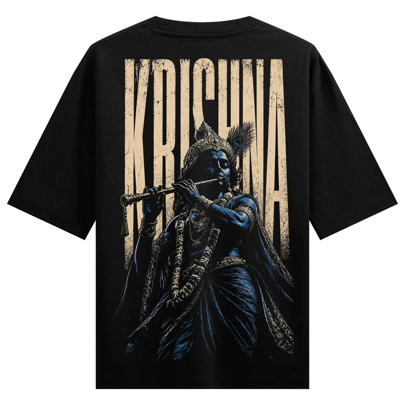 A dark graphic t-shirt design features Lord Krishna with blue skin playing a flute wearing an ornate crown with a peacock...