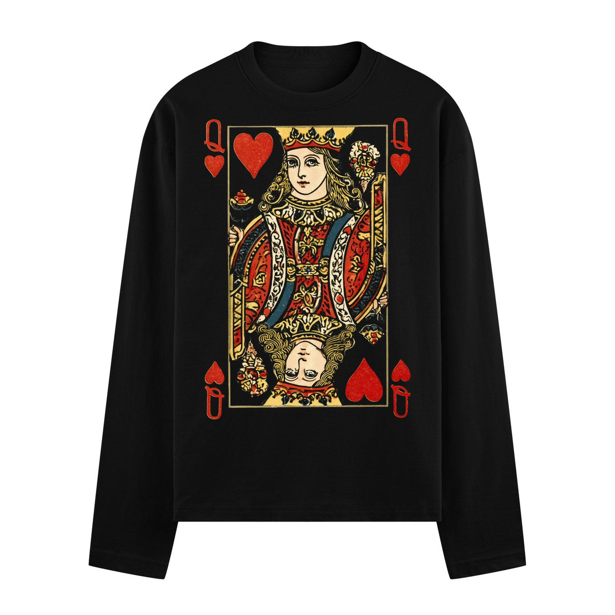 A black t-shirt featuring a vintage Queen of Hearts playing card design on the back with ornate details a regal queen and...
