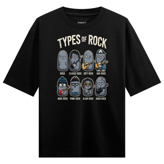 A black t-shirt features a grid of eight cartoon potato characters each representing a rock music genre with unique access...