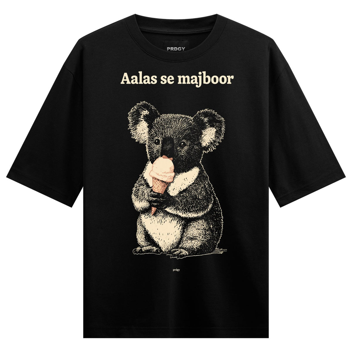 Koala Ice Cream Oversized T-Shirt — Black t-shirt with cream-colored sketch of a koala holding an ice cream cone