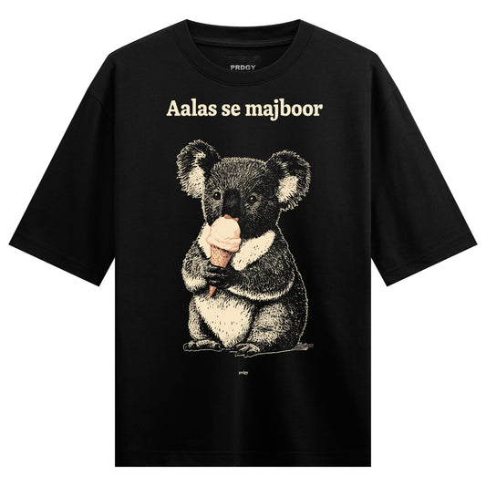 Koala Ice Cream Oversized T-Shirt — Black t-shirt with cream-colored sketch of a koala holding an ice cream cone
