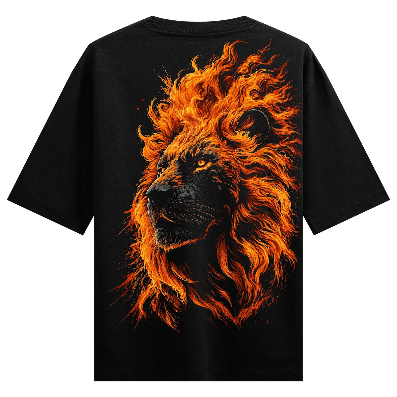 Babbar Shera Oversized T-Shirt by PRDGY — black t-shirt with a lion's head back print surrounded by flames, animal print