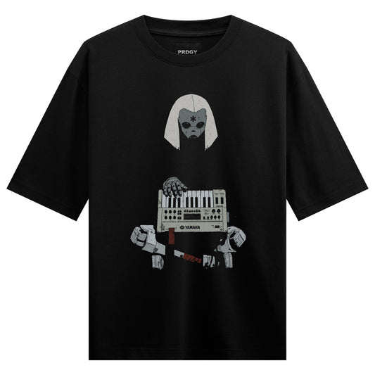 A black t-shirt features a ghostly figure with a cybernetic mask robotic hands holding a Yamaha keyboard and a dagger belo...